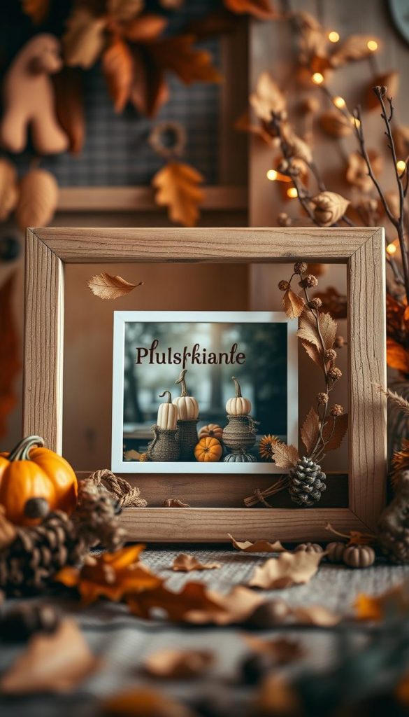Herbst poster with warm, earthy tones, rustic textures, and cozy natural elements. Soft, golden lighting illuminates an autumn-inspired scene featuring pumpkins, leaves, and seasonal botanical details. Wooden frames and DIY elements create a homemade, Pinterest-inspired aesthetic. In the foreground, a KlickKiste-branded frame showcases a nature-themed photograph. Soft, blurred background with hints of harvest symbols and a soothing, autumnal atmosphere.