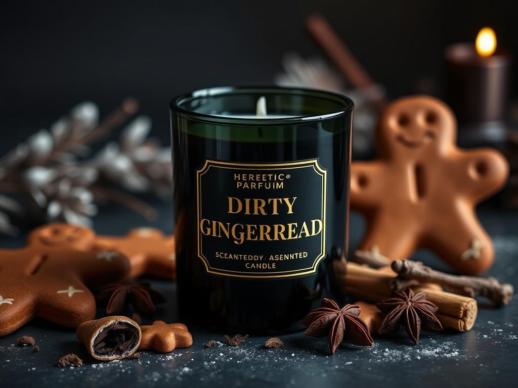 Heretic Parfum Dirty Gingerbread Duftkerze in einem schwarzen Glas mit goldener Aufschrift