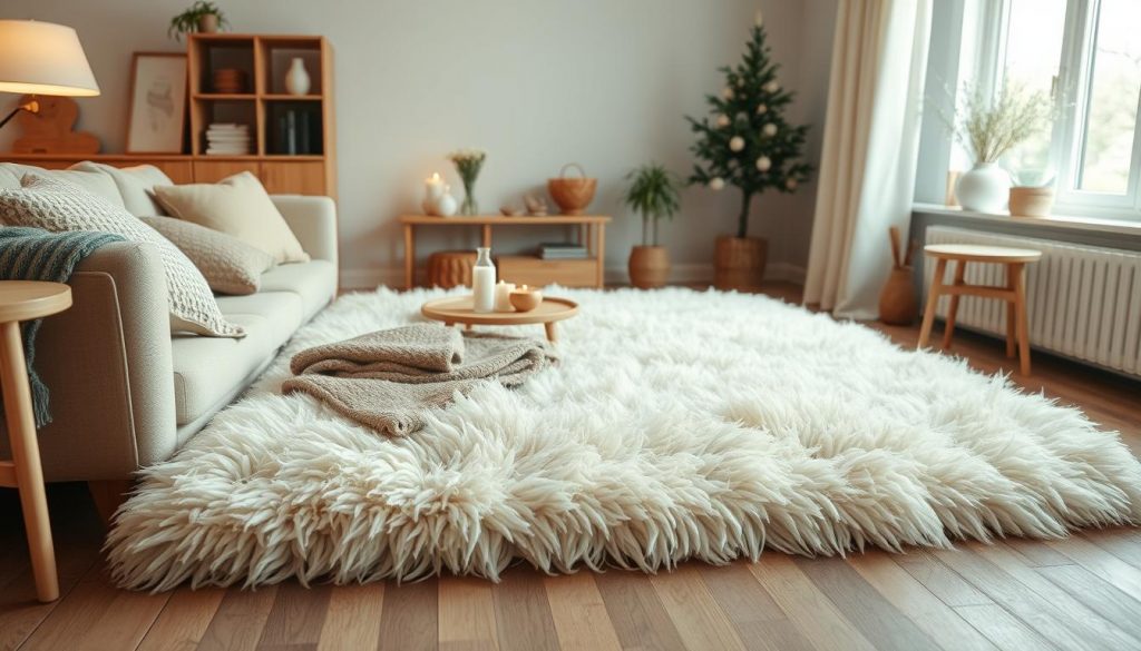 Hochfloriger, flauschiger Teppich in Cremeweiß in einem gemütlichen Wohnzimmer