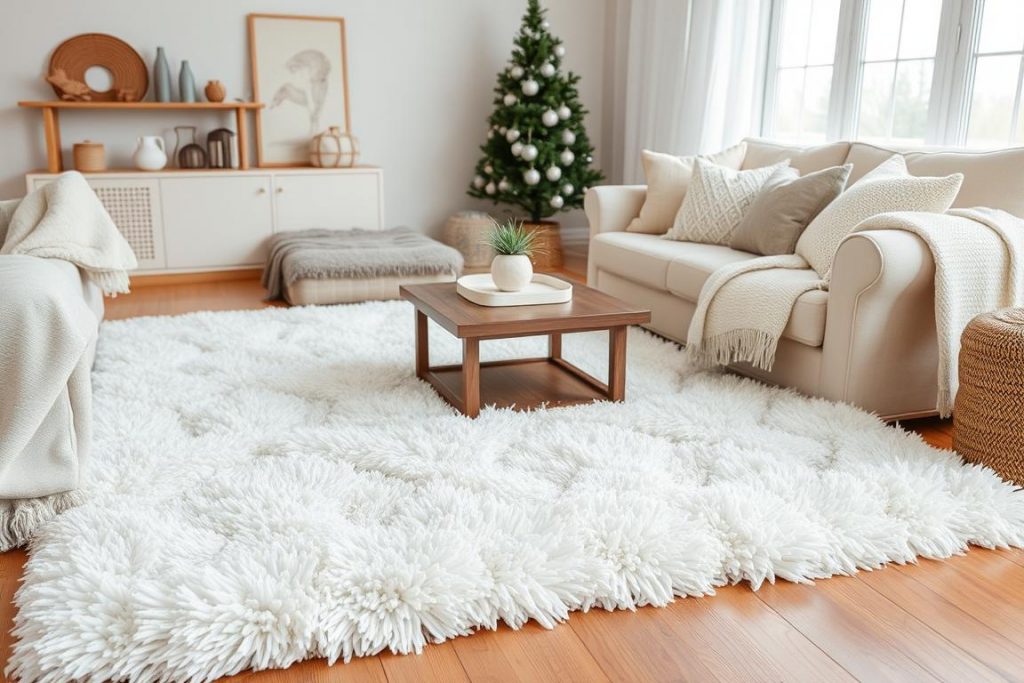Hochfloriger weißer Teppich in einem winterlich dekorierten Wohnzimmer