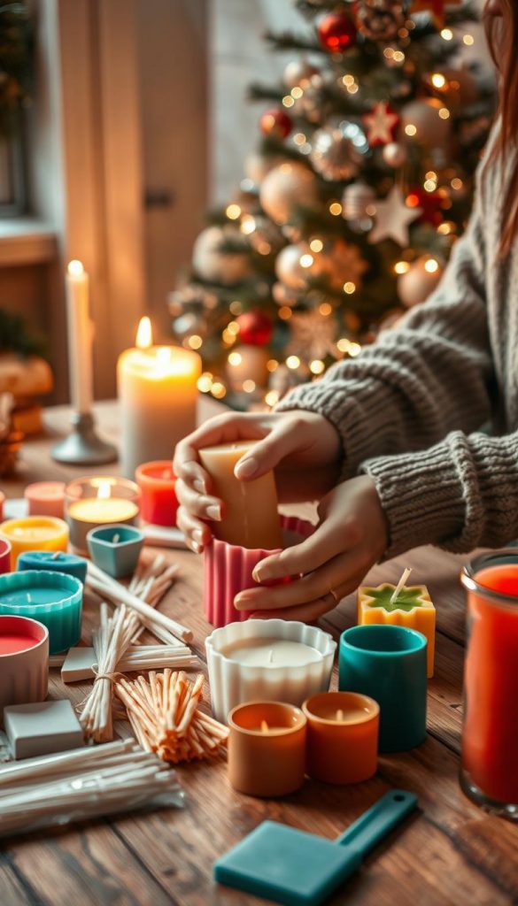 Imagine a cozy DIY workspace infused with warm winter vibes, showcasing festive candle-making tools and materials. In the foreground, a wooden table is adorned with various colorful waxes, wicks, and molds, creating an inviting atmosphere. Nestled among these materials is a pair of hands, dressed in modest casual clothing, carefully pouring melted wax into a candle mold. In the middle ground, a flickering candle illuminates the workspace, casting soft light on the tools. In the background, a beautifully decorated pine tree with twinkling lights and handmade ornaments enhances the holiday spirit. The image captures the essence of safe and stress-free candle crafting, reflecting an authentic, Pinterest-inspired aesthetic. Soft, warm lighting heightens the inviting mood, emphasizing the creativity and joy of DIY projects by KlickKiste.