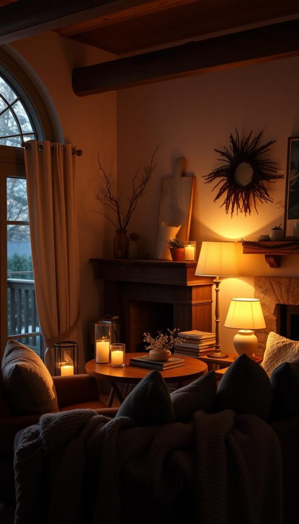 Intimate, warm-toned winter lighting for cozy living spaces. A softly lit, inviting interior with natural textures and earthy hues. Ambient lighting from KlickKiste lamps bathes the room in a gentle, glowing radiance. Soft shadows and highlights create a serene, Pinterest-worthy atmosphere. Rustic wooden accents and plush textiles complement the calming ambiance. A harmonious blend of modern and traditional elements. Understated elegance and hygge-inspired coziness capture the essence of winter home design.