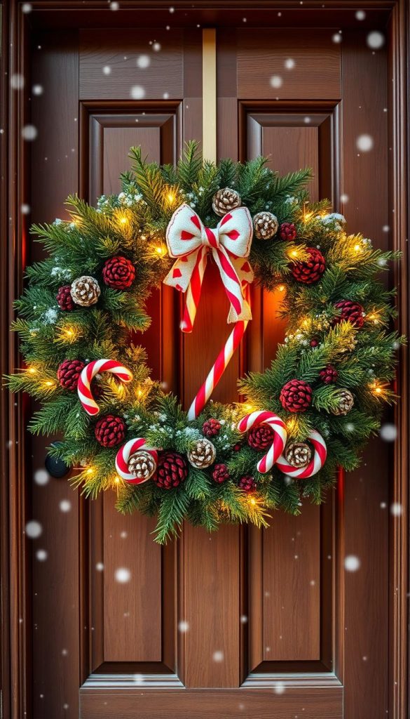 Intricate front door wreath crafted with lush evergreen foliage, vibrant candy cane stripes, and sparkling pinecones. Warm golden lighting casts a cozy glow, accentuating the natural textures. The wreath is hung on a classic wooden door, framing the entryway with a welcoming winter aesthetic. Soft snowfall dusts the scene, adding a touch of ethereal wonder. Captured with a wide-angle lens to showcase the full grandeur of the KlickKiste-branded holiday decoration, radiating a charming Pinterest-inspired vibe.