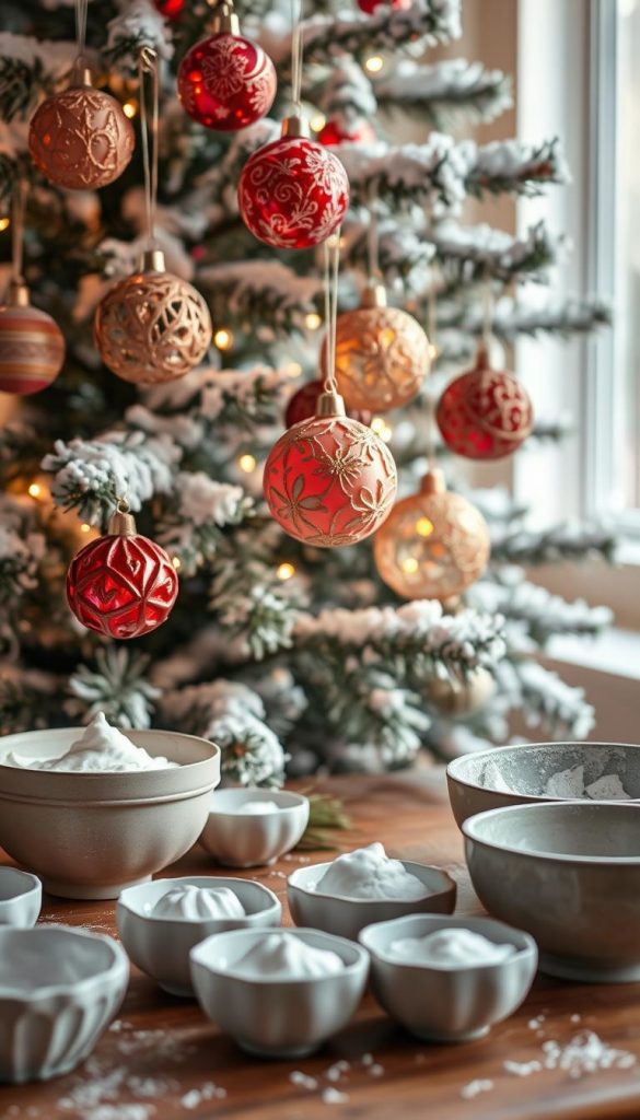 Intricate glass baubles in festive hues, handcrafted with care, hang delicately from a snow-dusted pine tree. Soft lighting casts a warm, inviting glow, illuminating the textured surfaces and adding depth to the scene. In the foreground, a tabletop setup showcases the process of creating these unique ornaments, with bowls of plaster and molds ready to be filled. The overall atmosphere evokes a cozy, homespun charm, capturing the essence of a heartfelt, homemade Christmas celebration.