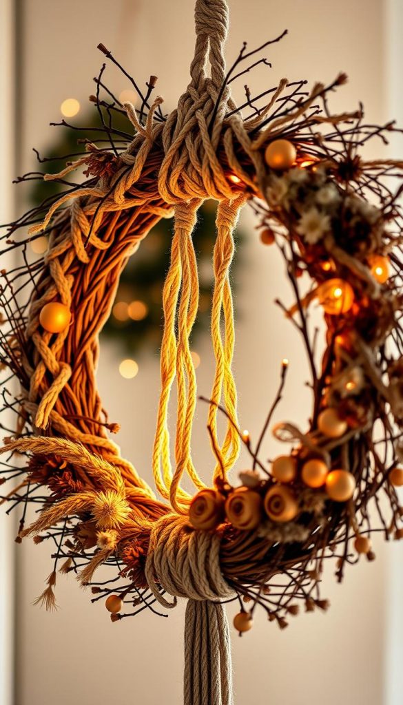 Intricate macrame wreath adorned with dried flowers and branches, radiating a cozy winter ambiance. Warm lighting casts a soft glow, highlighting the delicate knots and textures. Rustic, natural tones and a touch of golden accents create a Pinterest-worthy, KlickKiste-inspired look. Hanging against a blurred, yet inviting backdrop, this handcrafted piece is the perfect centerpiece for a modern, minimalist holiday decor.