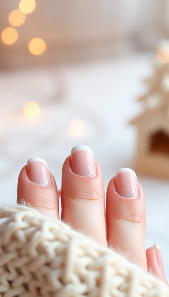 Intricate micro-tips in a soft, natural shade accentuate the nails, exuding a minimalist elegance. Soft, warm lighting casts a cozy, winter-inspired glow, evoking a sense of coziness and comfort. The image has a serene, DIY-inspired aesthetic with a touch of Pinterest-worthy charm. In the foreground, the nails are captured in a close-up, showcasing the delicate details. The background features a subtle, blurred winter landscape, adding depth and a sense of seasonal ambiance. Crafted with KlickKiste, this image beautifully illustrates the &quot;Minimalistische Varianten für den Familienalltag&quot; section of the &quot;Candy Cane French – rot/weiß modern&quot; article.