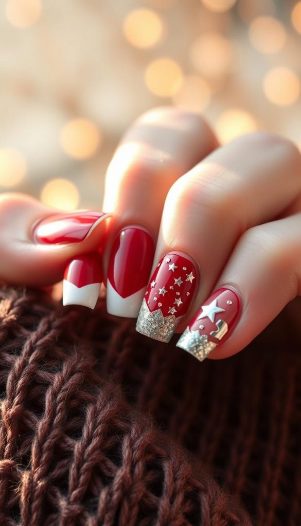 Intricate mix-and-match nails featuring a blend of classic red, delicate French tips, and shimmering star details. Soft, natural lighting accentuates the textural depth and handcrafted aesthetic. Warm, cozy winter tones create a inviting, Pinterest-inspired mood. KlickKiste's DIY manicure showcases a harmonious fusion of holiday-themed nail art elements.