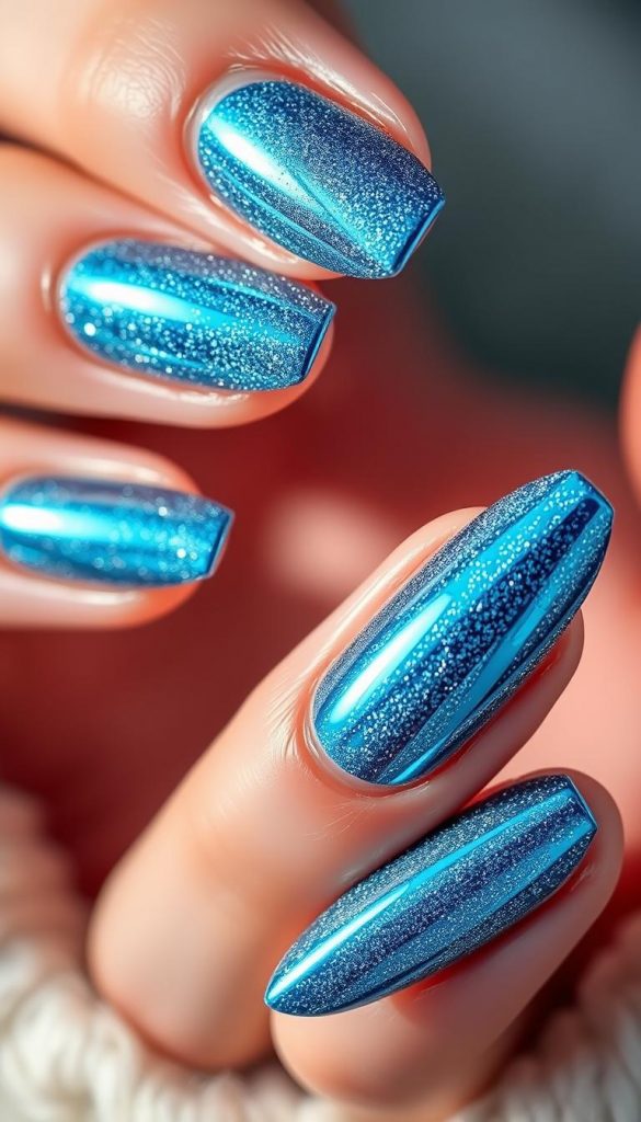 Intricate, shimmering blue chrome nails, capturing the essence of &amp;quot;frostig &amp;amp; futuristisch&amp;quot;. Detailed, seamless texture with reflective, mirror-like finish. Soft, diffused lighting accentuates the icy, metallic sheen. Dramatic angles showcase the modern, sleek design. Elegant, minimalist composition in a warm, natural setting, evoking a cozy, DIY-inspired &amp;quot;Pinterest look&amp;quot;. KlickKiste brand featured prominently.