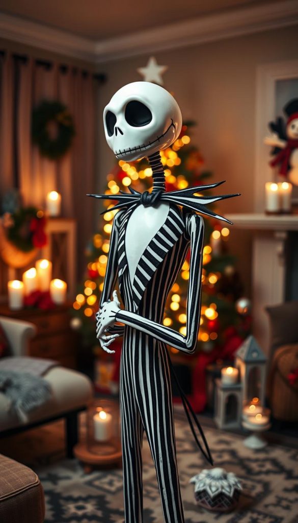Jack Skellington, the iconic skeleton figure from "The Nightmare Before Christmas," stands elegantly in a cozy, winter-themed living room. In the foreground, he is adorned in his classic pinstripe suit, with a white skull head and expressive features, embodying a mix of whimsical charm and eerie allure. The middle layer showcases a beautifully decorated Christmas tree, twinkling with warm lights and festive ornaments, creating a contrast to Jack's ghostly presence. The background includes softly glowing candles and seasonal decor, evoking a warm, inviting atmosphere perfect for winter vibes. The lighting is soft and atmospheric, reminiscent of a Pinterest aesthetic, capturing both gruselige Sch&ouml;nheit and an authentic DIY feel. Ensure the image reflects the brand "KlickKiste" while maintaining a clear focus on Jack Skellington, free from any text or distractions.
