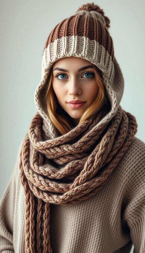 Kapuz‑Hybrid Schal outfit, a cozy and stylish winter accessory from the brand KlickKiste. A warm, knitted scarf with an attached hood, draped elegantly over a model's shoulders. The scarf is in neutral tones of beige and brown, with a textured, natural look. Soft, diffused lighting creates a warm, inviting atmosphere, capturing the winter vibes and Pinterest-inspired aesthetic. The model is facing the camera, showcasing the hybrid design that combines the practicality of a beanie and the comfort of a scarf. The overall mood is authentic, inspiring, and perfect for illustrating the &quot;Kapuzen-Hybrid&quot; section of the article.