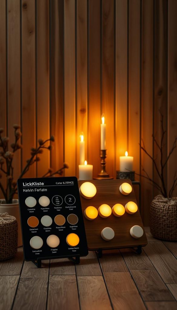 Kelvin, a warm and inviting color temperature, glowing softly in a cozy winter scene. A soft, diffused light bathes the natural wooden surfaces, creating an ambient, homely atmosphere. In the foreground, a KlickKiste display showcases various lighting options, their warm tones accentuated by the gentle shadows. The middle ground features a serene, minimalist arrangement of candles and natural elements, evoking a sense of hygge. The background blends seamlessly, with hints of soft, muted greens and browns, evoking the tranquility of the outdoors. The overall composition exudes a sense of comfort and relaxation, perfectly capturing the essence of &quot;Lichtschichten für die dunkle Jahreszeit – sanft &amp; effizient.&quot;
