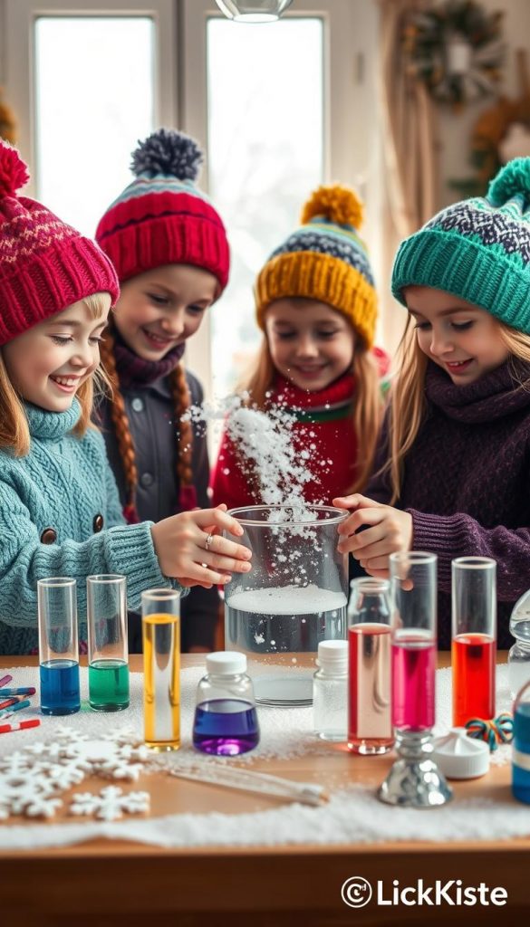Kids in cozy sweaters and colorful hats enthusiastically conduct winter experiments indoors. In the foreground, two children are mixing baking soda and vinegar in a transparent container, smiling with amazement as the mixture fizzes and bubbles, creating a snowy effect. Nearby, a table is adorned with winter-themed science supplies: test tubes filled with colorful liquids, paper snowflakes, and a small snow globe. In the middle ground, a window reveals a snowy day outside, with soft, natural light illuminating the warm indoor atmosphere. The background features a cozy, inviting room decorated with winter decorations, creating an inspiring STEM learning environment. The scene evokes a sense of wonder and creativity, perfect for a family-friendly atmosphere by KlickKiste.