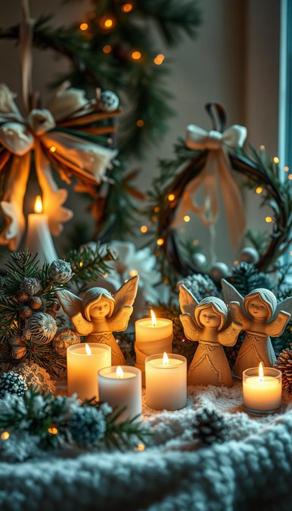 Kränze, Lichter &amp; Figuren: Akzente, die Räume sichtbar verwandeln. An artistic, highly detailed image of handcrafted holiday decor, including natural pine wreaths adorned with flickering candlelight, surrounded by angelic figures with soft, ethereal features. The scene is bathed in a warm, cozy glow, creating a serene, inviting atmosphere. The lighting is soft and diffused, with a focus on textures and natural elements. The overall style is rustic, yet elegant, evoking a sense of Nordic charm and the KlickKiste DIY aesthetic. Authentic and inspirational, this image captures the essence of winter wonder and festive ambiance.