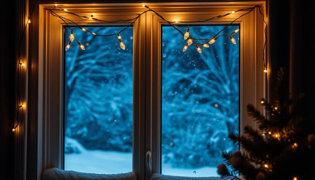 LED-Lichterkette dekorativ um ein Fenster drapiert im Winter