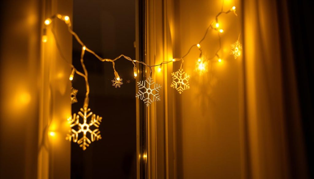 LED-Lichterkette mit Schneeflocken-Motiven an einem Fenster drapiert, die ein warmes Licht für Cozy Winter Home Decor 2026 erzeugt