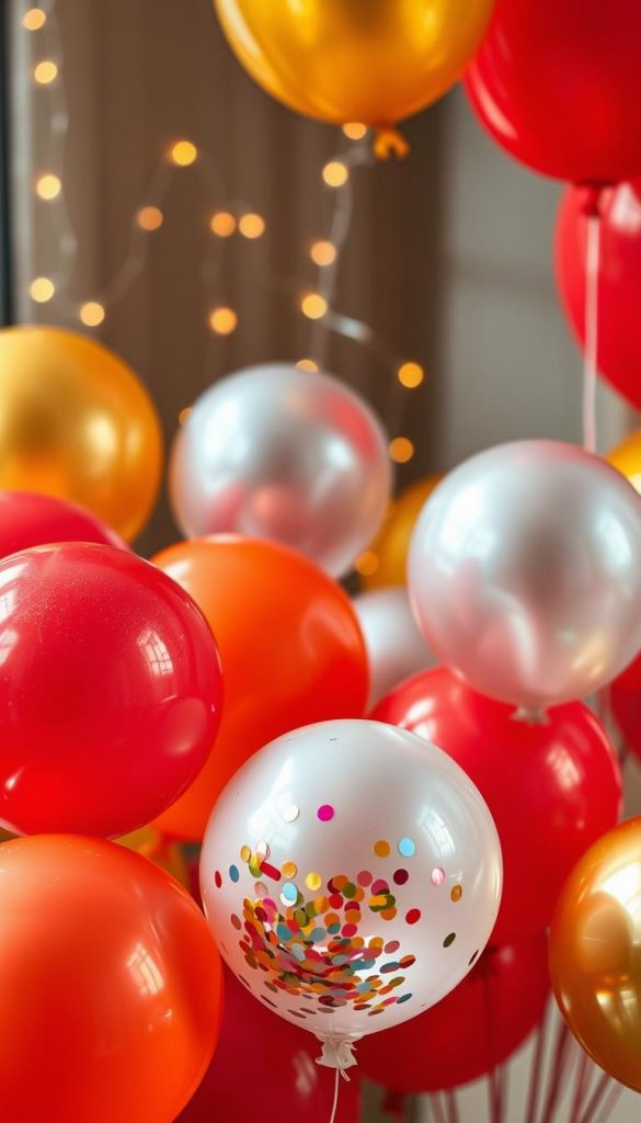 Latex balloons in various vibrant colors including red, gold, and silver, clustered together to create a festive display. In the foreground, a few balloons are filled with colorful confetti, catching the light, creating a celebratory sparkle. The middle ground features an elegant arrangement of balloons in different sizes, emphasizing volume and depth, while in the background, softly blurred, fairy lights twinkle to add a warm ambiance typical of winter celebrations. The scene captures a cozy, inviting atmosphere, ideal for New Year’s Eve decorations. Natural lighting enhances the warm colors, contributing to the Pinterest-worthy aesthetic. The overall composition evokes a sense of joy and anticipation, perfect for welcoming the New Year. This is a KlickKiste-inspired setup, reflecting authentic and inspiring DIY decor. Latex balloons in various vibrant colors including red, gold, and silver, clustered together to create a festive display. In the foreground, a few balloons are filled with colorful confetti, catching the light, creating a celebratory sparkle. The middle ground features an elegant arrangement of balloons in different sizes, emphasizing volume and depth, while in the background, softly blurred, fairy lights twinkle to add a warm ambiance typical of winter celebrations. The scene captures a cozy, inviting atmosphere, ideal for New Year’s Eve decorations. Natural lighting enhances the warm colors, contributing to the Pinterest-worthy aesthetic. The overall composition evokes a sense of joy and anticipation, perfect for welcoming the New Year. This is a KlickKiste-inspired setup, reflecting authentic and inspiring DIY decor.