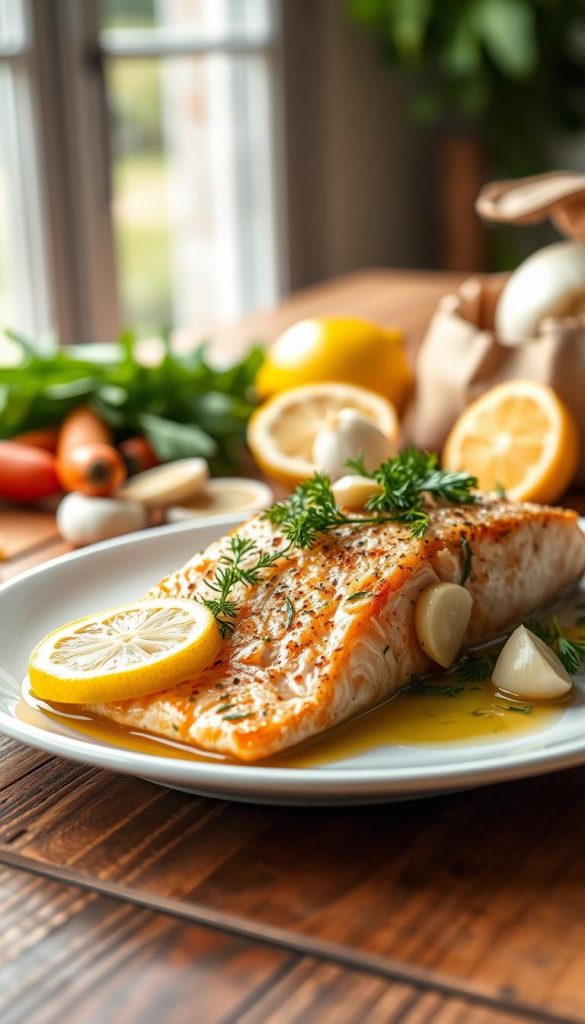 Lemon garlic salmon dish beautifully arranged on a rustic wooden table, showcasing a perfectly cooked salmon fillet garnished with fresh lemon slices, fragrant herbs like dill and parsley, and whole garlic cloves. In the foreground, a white plate contrasts the salmon, with a drizzle of olive oil. In the middle, the vibrant greens and yellows pop against the warm, inviting colors of the wooden table, inviting a cozy, home-cooked feel. The background features soft-focus seasonal vegetables, enhancing the freshness of the dish. Natural lighting filters through a nearby window, casting a warm glow and creating a serene, inspiring atmosphere. This image embodies the essence of spring dinner, curated for KlickKiste, with a Pinterest-worthy appeal.