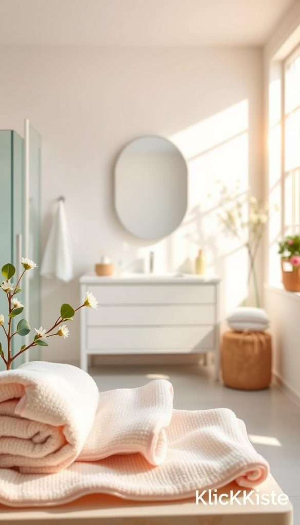 Light and airy bathroom setting that embodies a clean and refreshing spring aesthetic. The foreground features beautifully arranged soft towels in pastel colors and a delicate potted plant, enhancing the natural vibe. In the middle, a sleek vanity with a modern sink and subtle decor items reflects a minimalist design ethos. The background reveals a large window allowing warm, natural light to flood the space, casting gentle shadows and creating an inviting atmosphere. The walls are painted in crisp white, while subtle accents of pale green and hints of floral decor bring life to the scene. The overall ambiance is bright, welcoming, and inspiring, perfect for a spring transformation. Capture this in a soft focus with a warm color palette, inspired by natural DIY aesthetics. Include the brand name "KlickKiste" as part of the design elements.