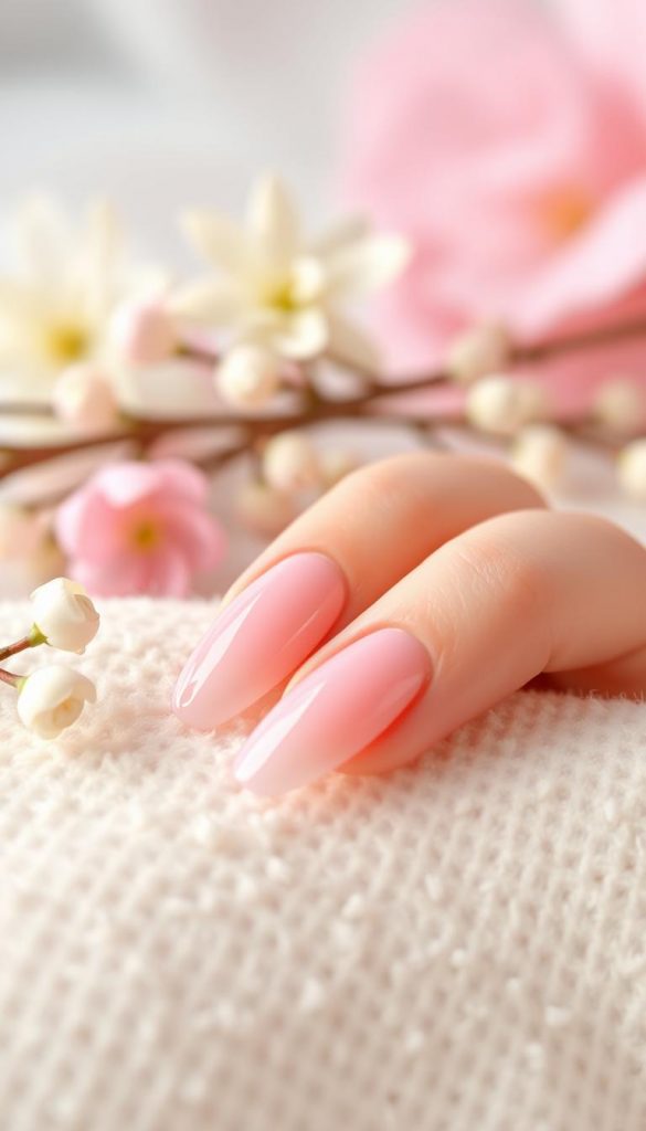 Light pink base gel nails elegantly arranged on a soft, textured surface, embodying a calm and gentle spring aesthetic. The foreground features delicate nails with a glossy finish, reflecting the lighting, which is warm and diffused to create an inviting atmosphere. In the middle ground, hints of baby blue, buttery yellow, and soft mint accents can be seen, subtly complementing the pink. The background includes a blurred, pastel-themed setting, evoking a serene DIY vibe reminiscent of Pinterest aesthetics. The composition is balanced and harmonious, aiming to inspire natural beauty and creativity, aligning with the style of the brand &quot;KlickKiste.&quot; The lighting should highlight the smoothness of the nail polish while maintaining a cozy, inviting ambiance, perfect for a spring theme.