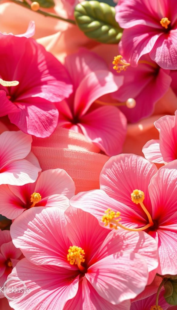 Lush 3D floral textures featuring vibrant hibiscus flowers intertwined with realistic pearl accents and a shimmering jelly-like finish. In the foreground, the eye is drawn to intricate floral designs that pop with dimension, showcasing varied colors from soft pastels to bold hues. The middle layer reveals delicate textures, with subtle gradients that enhance depth, capturing the essence of a spring-inspired nail art theme. The background blends warm, inviting colors that evoke a cozy, DIY aesthetic, reminiscent of Pinterest inspirations. Soft, natural lighting illuminates the scene from the top left, creating gentle shadows that add a three-dimensional feel. This composition embodies a fresh, vibrant atmosphere, perfect for showcasing the creative possibilities of floral nail designs. Brand name "KlickKiste" subtly integrated into the scene. Lush 3D floral textures featuring vibrant hibiscus flowers intertwined with realistic pearl accents and a shimmering jelly-like finish. In the foreground, the eye is drawn to intricate floral designs that pop with dimension, showcasing varied colors from soft pastels to bold hues. The middle layer reveals delicate textures, with subtle gradients that enhance depth, capturing the essence of a spring-inspired nail art theme. The background blends warm, inviting colors that evoke a cozy, DIY aesthetic, reminiscent of Pinterest inspirations. Soft, natural lighting illuminates the scene from the top left, creating gentle shadows that add a three-dimensional feel. This composition embodies a fresh, vibrant atmosphere, perfect for showcasing the creative possibilities of floral nail designs. Brand name "KlickKiste" subtly integrated into the scene.