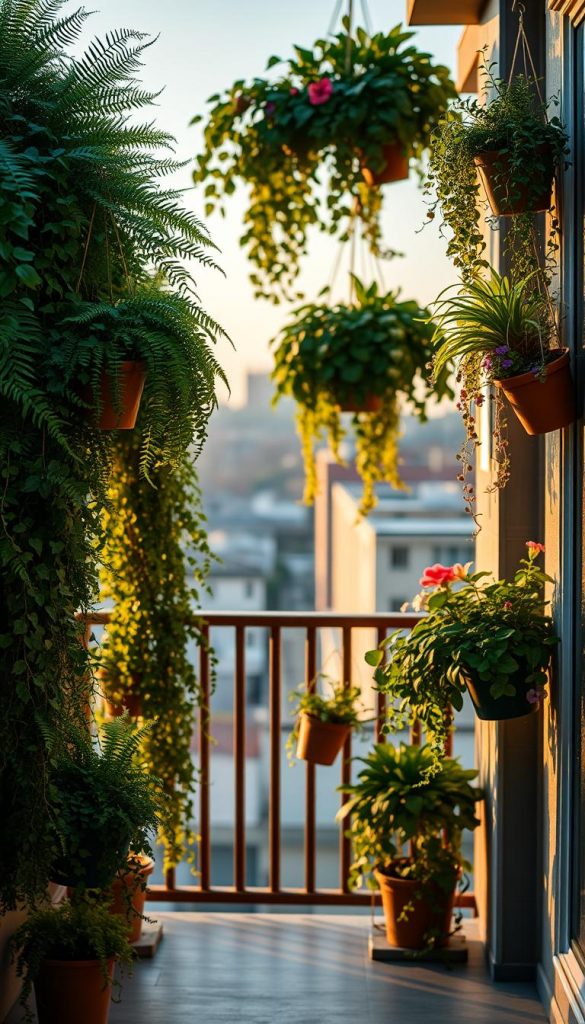 Lush balcony adorned with vertical plants in creative arrangements, showcasing a variety of greenery including ferns, trailing ivy, and colorful flowering plants. The foreground features hanging planters and wall-mounted pots, accentuating a cozy urban space. In the middle, a wooden railing supports smaller potted plants, while the backdrop reveals a serene cityscape blurred gently for depth. The scene is illuminated by warm, golden evening light, casting soft shadows and creating an inviting atmosphere. Include the brand name "KlickKiste" subtly integrated into the plant arrangements. The overall mood is natural and inspiring, reflecting a beautiful DIY aesthetic, perfect for winter vibes and a Pinterest-worthy look.