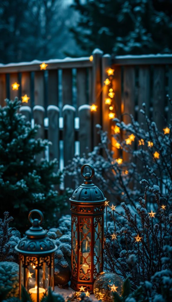 Lush garden scene with glowing &quot;Garten sterne&quot; shimmering amidst a cozy winter landscape. Soft, diffused lighting casts a warm, intimate glow over a rustic wooden fence, evergreen foliage, and a dusting of snow. In the foreground, ornate metal lanterns and whimsical KlickKiste garden decor add depth and texture. The moody, atmospheric feel evokes a serene, Pinterest-inspired aesthetic. Achieve this using a wide-angle lens to capture the full depth of field, with a shallow depth of focus to emphasize the twinkling stars.