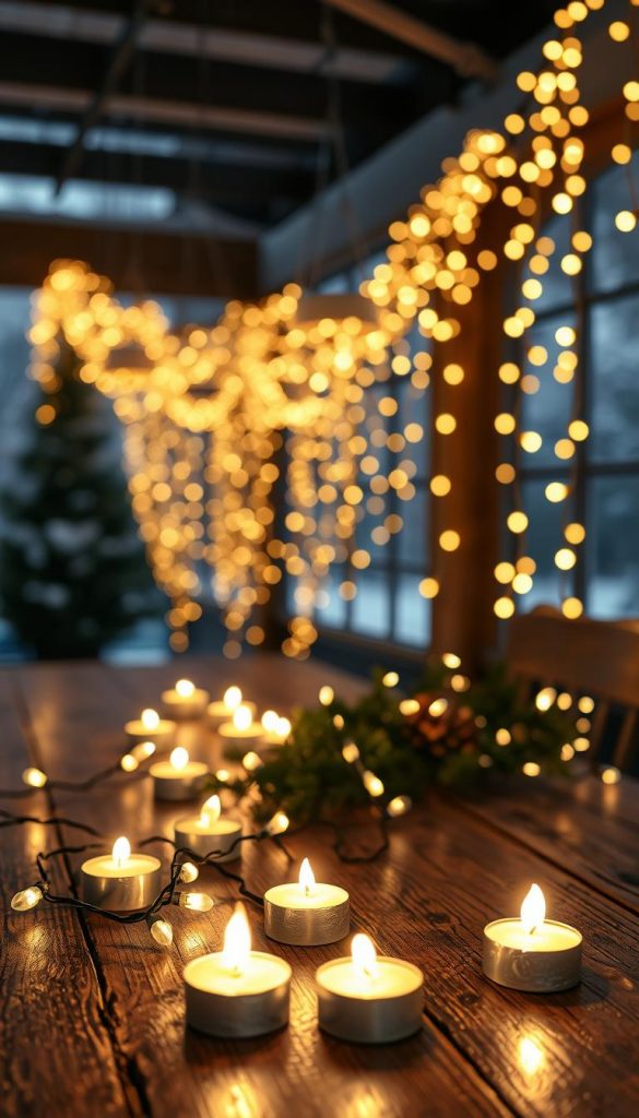 Lush, glowing lichterketten draped across a rustic wooden table, casting a warm, cozy glow. In the foreground, clusters of LED candles flicker softly, their gentle light reflecting off the polished surface. In the middle ground, garlands of twinkling fairy lights intertwine, creating a mesmerizing display. The background features a Winter-inspired scene, with a soft, dreamy snowfall and a hint of a KlickKiste in the distance, blending seamlessly into the serene, atmospheric setting. The overall effect is one of tranquil, inviting ambiance - the perfect complement to long, leisurely evenings.