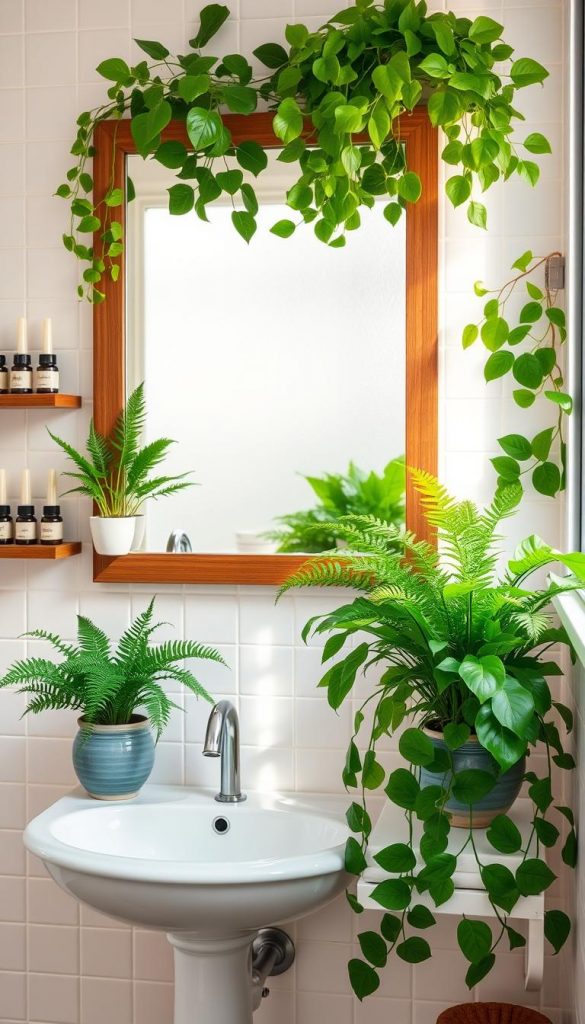 Lush green bathroom plants celebrating spring, including ferns and pothos, artfully arranged in elegant ceramic pots. The foreground features vibrant greenery against a clean, white sink and a wooden shelf adorned with small candles and essential oil bottles, evoking a fresh and calming atmosphere. In the middle, a large mirror reflects the plants and soft, natural light streaming in from a frosted window, enhancing the space with a warm glow. The background showcases soft pastel-colored tiles, harmonizing with the decor while creating a serene vibe. The scene conveys an inviting and tranquil spring mood, perfect for a relaxing bathroom retreat. Inspired by the aesthetic of KlickKiste, the image radiates natural DIY beauty with a Pinterest-worthy charm.