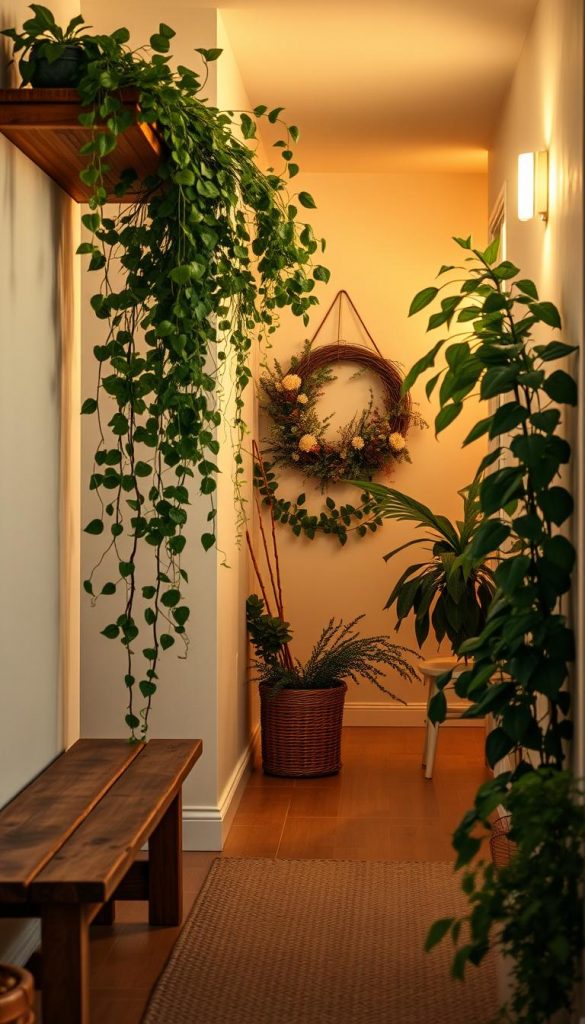 Lush green plants adorning a cozy hallway, creating a warm and inviting atmosphere. In the foreground, a tall potted fern stands beside a rustic wooden bench, while trailing ivy cascades from a shelf above. In the middle ground, a decorative wreath made of fresh branches and seasonal blooms adds a touch of nature, nestled against a soft, natural-colored wall. The background features a softly lit corridor, illuminated by warm, diffused lighting that enhances the serene ambiance. A textured area rug lies beneath, blending harmoniously with the organic decor. This scene captures the essence of natural DIY decor, evoking winter vibes and a Pinterest-worthy aesthetic. Captured with a wide-angle lens to emphasize the depth of the hallway, inspired by KlikKiste's authentic style.