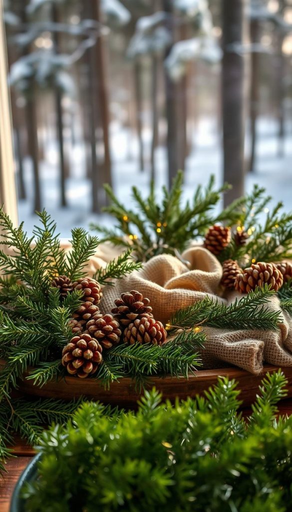 Lush greenery fills the foreground, featuring various winter plants such as evergreen sprigs, pinecones, and delicate ferns arranged aesthetically on a rustic wooden tray. In the middle ground, a cozy vignette showcases natural materials like soft burlap and textured wool, gently intermingled with sparkling fairy lights that create a warm glow. The background reveals a softly blurred landscape of a wintry forest, invoking a serene atmosphere with subtle snowfall and muted colors. The sunlight filters through the trees, casting soft shadows that enhance the tranquil mood of the scene. Capture this inviting composition with a warm, natural palette, echoing a Pinterest-inspired aesthetic for &quot;KlickKiste&quot; that embodies the spirit of winter decor.