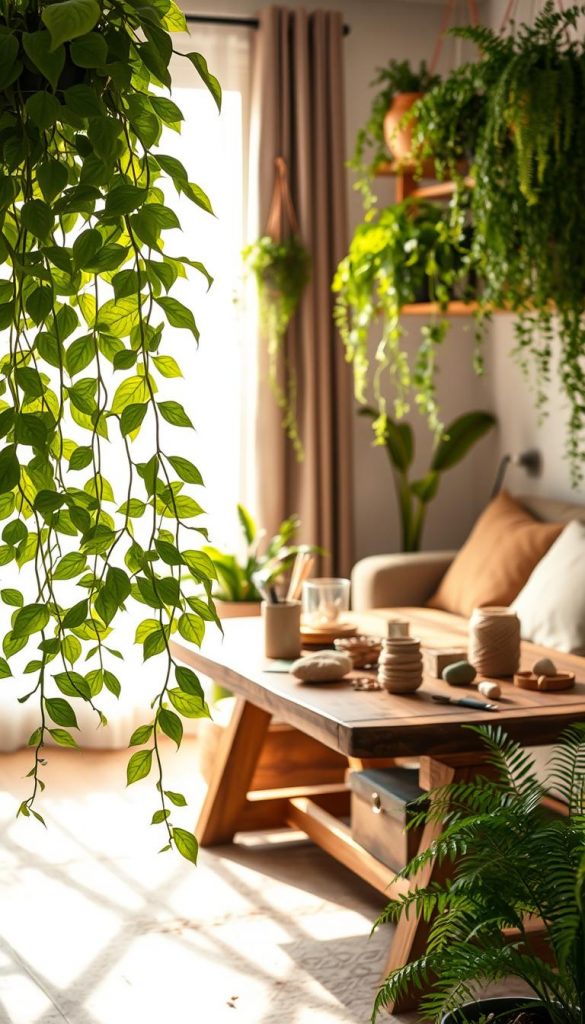 Lush hanging plants gracefully draping from wooden shelves in a cozy living room setting. In the foreground, vibrant green leaves of various indoor plants like pothos and ferns create a fresh, lively atmosphere. The middle contains a rustic wooden table adorned with DIY crafting materials such as twine, small pots, and natural stones, reflecting a creative workspace. In the background, soft sunlight filters through sheer curtains, casting warm, inviting shadows that enhance the serene vibe. The overall composition suggests an authentic, Pinterest-inspired decor idea for spring, emphasizing natural beauty and DIY-friendly aesthetics by KlickKiste. The colors are warm and inviting, with a focus on greens and earthy tones, setting a relaxing and inspiring mood.