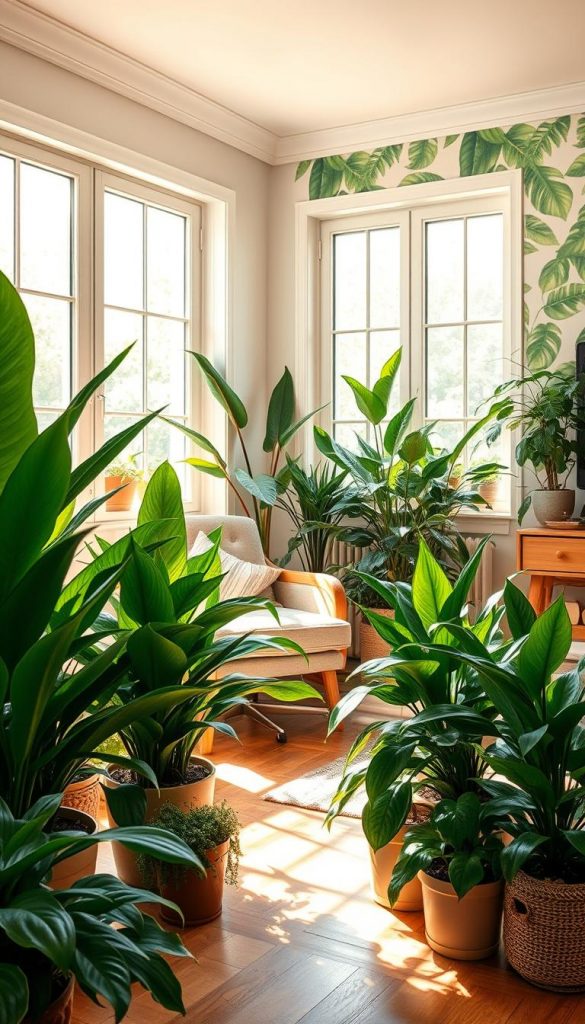 Lush indoor plants thrive in a bright and airy living room setting, capturing a range of light conditions. In the foreground, a variety of potted plants like snake plants, peace lilies, and succulents complement a cozy reading nook with a soft armchair and a wooden side table. The middle ground features large windows letting in warm, natural sunlight, creating dappled patterns on the floor. In the background, a subtle mural of leafy greens enhances the ambiance. The overall mood is fresh and invigorating, evoking spring vibes with warm color tones that reflect a Pinterest-worthy aesthetic. The scene is well-composed, with a focus on harmonious plant arrangements. No text or overlays are present. Image inspired by KlickKiste.
