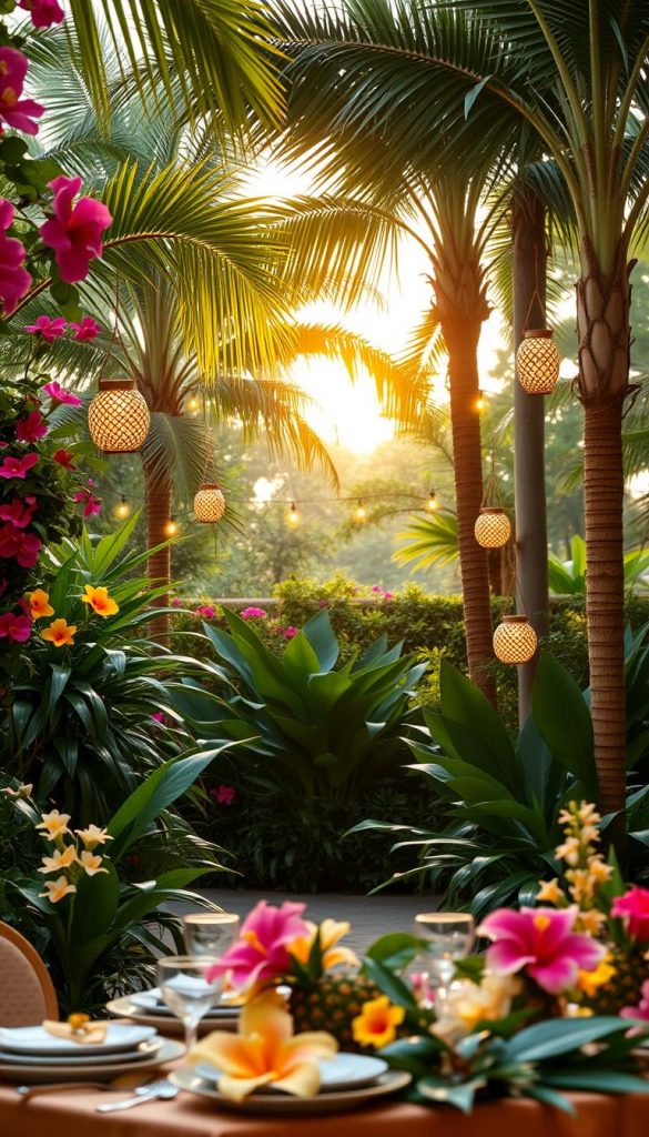 Lush tropical garden setting, vibrant with a variety of colorful flowers like hibiscus and orchids. In the foreground, a beautifully arranged table with elegant dinnerware and tropical-themed decorations, including pineapples and palm leaves. The middle ground features lush greenery and small decorative lanterns hanging from palm trees, softly illuminated by warm, ambient lighting that creates a cozy atmosphere. In the background, gentle sunlight filters through the trees, casting warm golden hues over the scene. The mood is festive yet relaxed, perfect for an adult birthday party. Capture this moment with a shallow depth of field to highlight the details. The style should reflect a natural DIY aesthetic, warm colors, and Pinterest-inspired decor, showcasing the brand "KlickKiste" for an authentic and inspiring look.