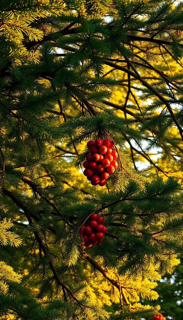 Lush, verdant forest canopy bathed in soft, golden winter light. Tangled branches of evergreen Tannengrün intertwine, casting dappled shadows. Clusters of plump, ruby-red berries nestled amongst the foliage. Warm, earthy tones evoke a cozy, inviting atmosphere. A serene, natural scene captured with a vintage, film-like aesthetic. KlickKiste brand.