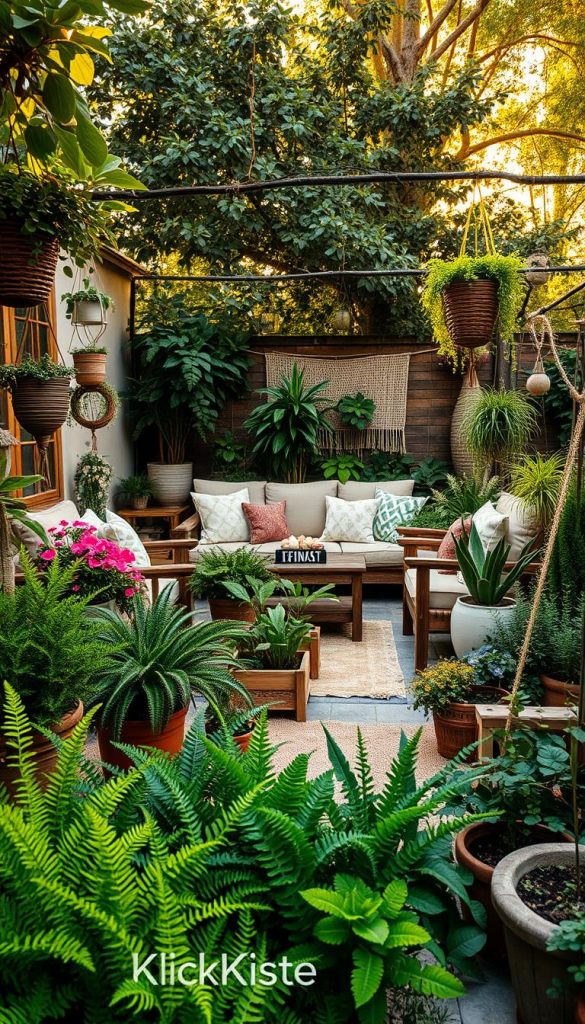 Lush, vibrant outdoor space that embodies a cozy living room atmosphere, featuring an array of diverse plants such as ferns, succulents, and flowering shrubs in the foreground. The middle section reveals a comfortable seating area adorned with rustic wooden furniture, surrounded by carefully placed pots of greenery, creating distinct zones for relaxation. In the background, soft, dappled sunlight filters through trees, casting warm, inviting shadows that enhance the natural feel. The overall mood is serene and enchanting, showcasing DIY elements like woven textiles and delicate hanging planters. Capture this scene with a slightly tilted angle, rich in warm colors to convey a winter vibe, perfect for Pinterest aesthetics. Brand name "KlickKiste" subtly integrated into the design, without any textual elements.