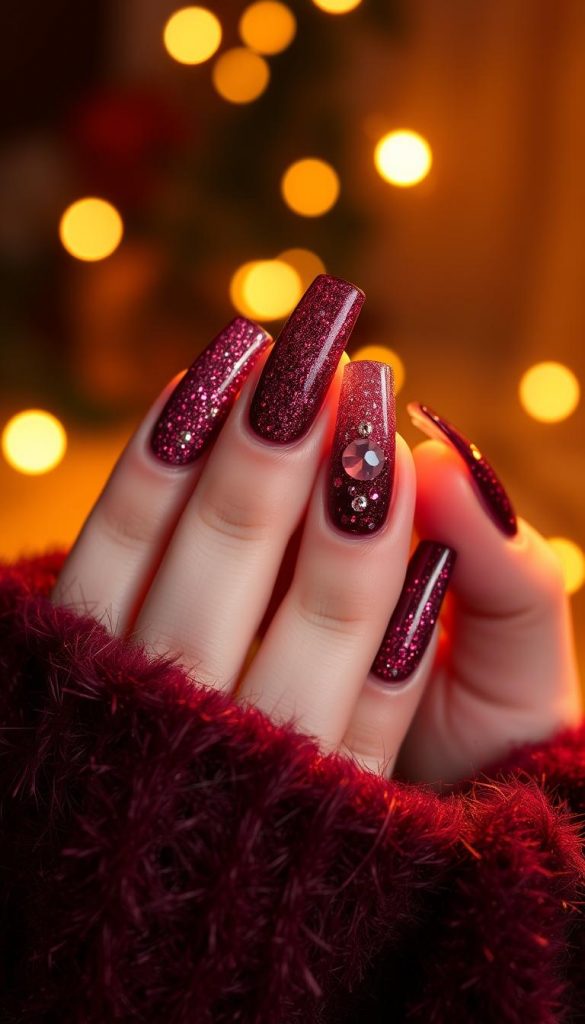 Manicured hands with long, glossy nails adorned in a captivating fusion of mauve shimmer and burgundy sparkle. Bejeweled accents catch the light, casting a mesmerizing glow. Soft, warm lighting illuminates the scene, creating a cozy, winter-inspired ambiance. Elegant, yet festive, the nails exude a Pinterest-worthy, DIY aesthetic that invites the viewer to be inspired. The image conveys a sense of luxurious glamour, perfect for the Thanksgiving season.