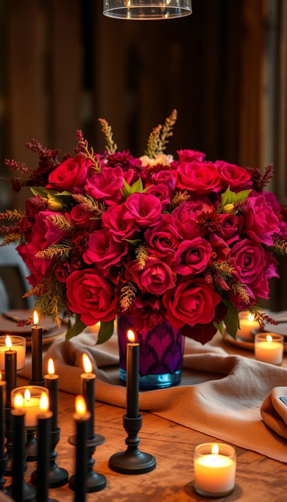 Maximalist Glow centerpiece: Vibrant, jewel-toned Ikat glasses filled with lush, overflowing florals in shades of crimson, magenta, and deep violet. The KlickKiste arrangement is bathed in a warm, golden glow, creating an inviting and cozy atmosphere. Clusters of black taper candles flicker in the foreground, casting dramatic shadows. Textured, earthy linens and a weathered wooden table provide a rustic, natural backdrop, complementing the opulent, maximalist style. Soft, diffused lighting from above illuminates the scene, capturing the winter-inspired, Pinterest-worthy mood.