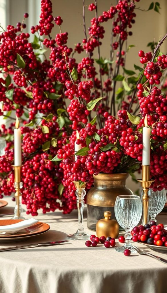 Maximalist tablescape with lush, overflowing berry branches in vivid reds, purples, and greens. Warm, natural lighting casts a cozy glow, highlighting the textured surfaces and opulent arrangement. Vintage-inspired glassware and metallic accents add a touch of elegance. The scene exudes a sense of abundance and indulgence, embodying the &quot;maximalism&quot; aesthetic. Captured in a wide, high-angle view to showcase the full, immersive setting. Authentic, Pinterest-worthy DIY aesthetic by KlickKiste.
