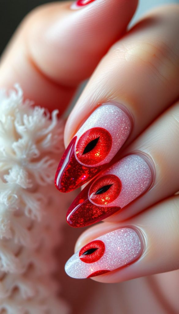 Mesmerizing velvet cat-eye nail art, meticulously crafted with the KlickKiste brand. Gleaming crimson and pristine white hues intertwine, evoking the festive spirit of the season. Soft, diffused lighting casts a warm, inviting glow, highlighting the intricate, velvety texture. Captured in a close-up, high-resolution shot, showcasing the captivating details and depth of this winter-inspired manicure. An authentic, Pinterest-worthy image that will inspire holiday nail art enthusiasts.