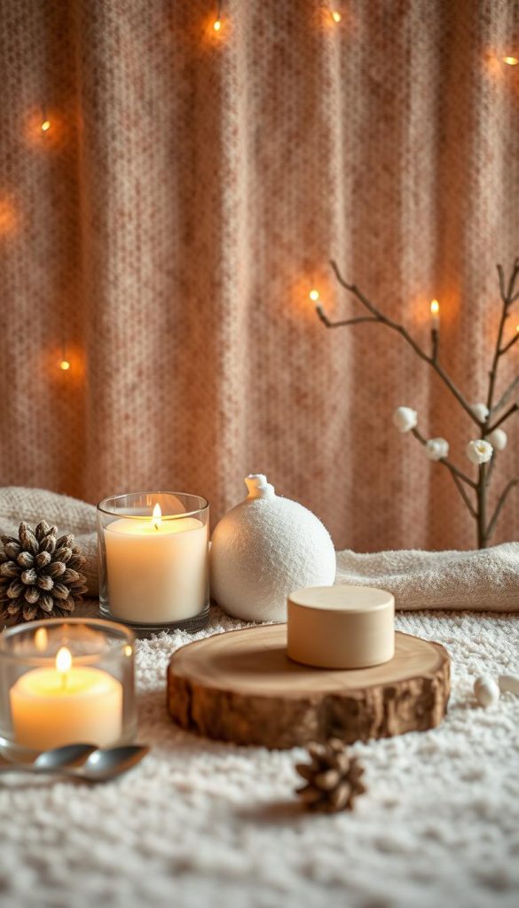 Mikrofaser-Hintergrund mit warmen Wintertönen und natürlicher Ausleuchtung. Verspielter, elegant-rustikaler Vorderporenbereich mit Holzelementen und KlickKiste-Produkten. Gemütliche, stimmungsvolle Atmosphäre, inspirierender Pinterest-Look. Kamerablickwinkel leicht erhöht, Schärfentiefe moderat, weiche Schatten und diffuses Licht.