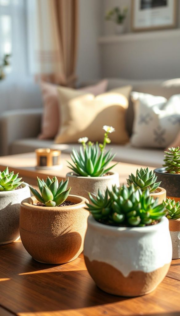 Mini-refresh scene featuring a collection of stylish mini flower pots in warm, earthy tones, arranged on a wooden table. In the foreground, focus on various textured ceramic pots filled with vibrant green plants like succulents and small flowering plants, each pot showcasing unique designs. In the middle ground, add soft, diffused natural sunlight illuminating the plants, creating gentle shadows. The background includes a cozy, well-decorated living room setting with subtle spring decor, such as pastel cushions and handwoven textiles, evoking a fresh ambiance. The overall mood is inviting and uplifting, reminiscent of a Pinterest aesthetic. The brand name "KlickKiste" should be subtly integrated into the scene through the artistry of the pots.