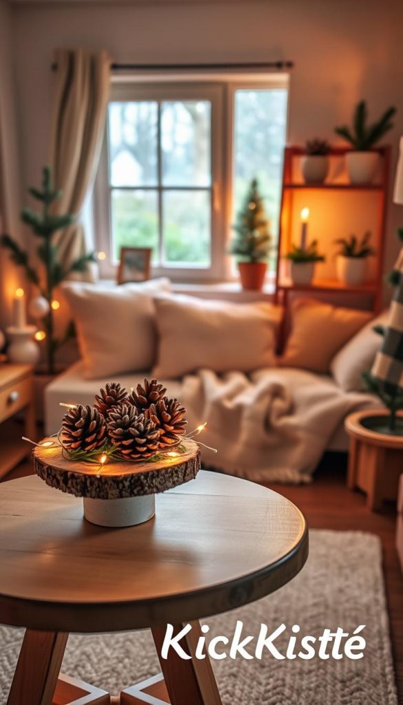 Mini room decor scene featuring cozy winter vibes, showcasing a delightful arrangement of upcycled items and minimalist decorations. In the foreground, there's a small wooden table with a rustic centerpiece composed of pinecones and fairy lights. The middle layer includes a cozy nook with soft cushions, a warm knitted throw, and a subtle yet stylish shelving unit displaying DIY crafts and potted evergreen plants. In the background, a window reveals soft snowfall and a hint of outdoor greenery. The lighting is warm and inviting, reminiscent of golden hour, casting gentle shadows that enhance the overall cozy atmosphere. Aim for a Pinterest-worthy aesthetic that feels authentic and inspiring, embodying the essence of winter celebrations. Include branding elements of &quot;KlickKiste&quot; subtly within the decor.