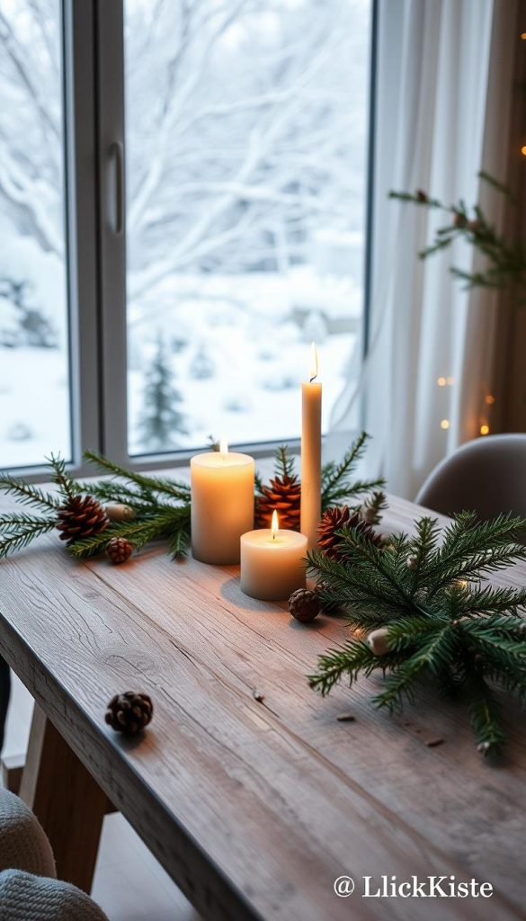 Minimalist Christmas decor with a serene, natural aesthetic. Cozy winter scene featuring a rustic wooden table, sprigs of evergreen, pinecones, and a single candle. Soft, warm lighting illuminates the scene, casting a gentle glow. The overall mood is one of simplicity and tranquility. In the background, a snowy winter landscape is visible through a window, adding to the peaceful ambiance. This image is perfect for the "Minimal Xmas Deko: Ideen & DIYs für einen entspannten, stilvollen Look" section. Crafted by KlickKiste. Minimalist Christmas decor with a serene, natural aesthetic. Cozy winter scene featuring a rustic wooden table, sprigs of evergreen, pinecones, and a single candle. Soft, warm lighting illuminates the scene, casting a gentle glow. The overall mood is one of simplicity and tranquility. In the background, a snowy winter landscape is visible through a window, adding to the peaceful ambiance. This image is perfect for the "Minimal Xmas Deko: Ideen & DIYs für einen entspannten, stilvollen Look" section. Crafted by KlickKiste.