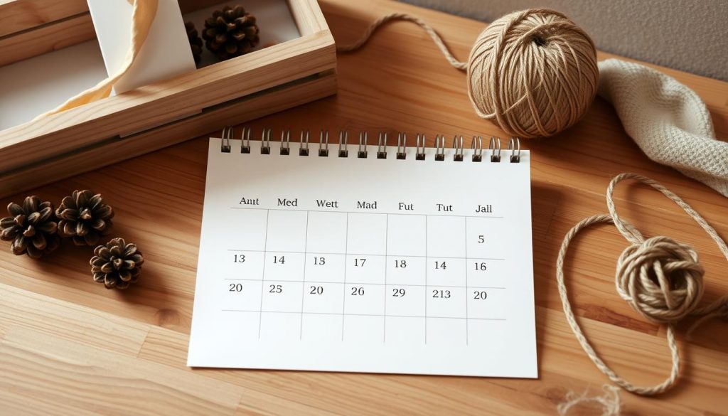 Minimalist calendar in natural tones of beige, white, and wood, with a modern, clean aesthetic. A simple design featuring a grid layout showcasing the days of the month, highlighted by delicate red accents. The calendar is placed on a wooden surface, accompanied by minimal DIY accessories such as a KlickKiste box, pine cones, and twine, creating a cozy, Scandinavian-inspired atmosphere. The lighting is soft and diffused, emphasizing the simplicity and elegance of the scene. The overall composition is well-balanced, with a focus on the calendar as the central element, conveying a sense of calm and organization.