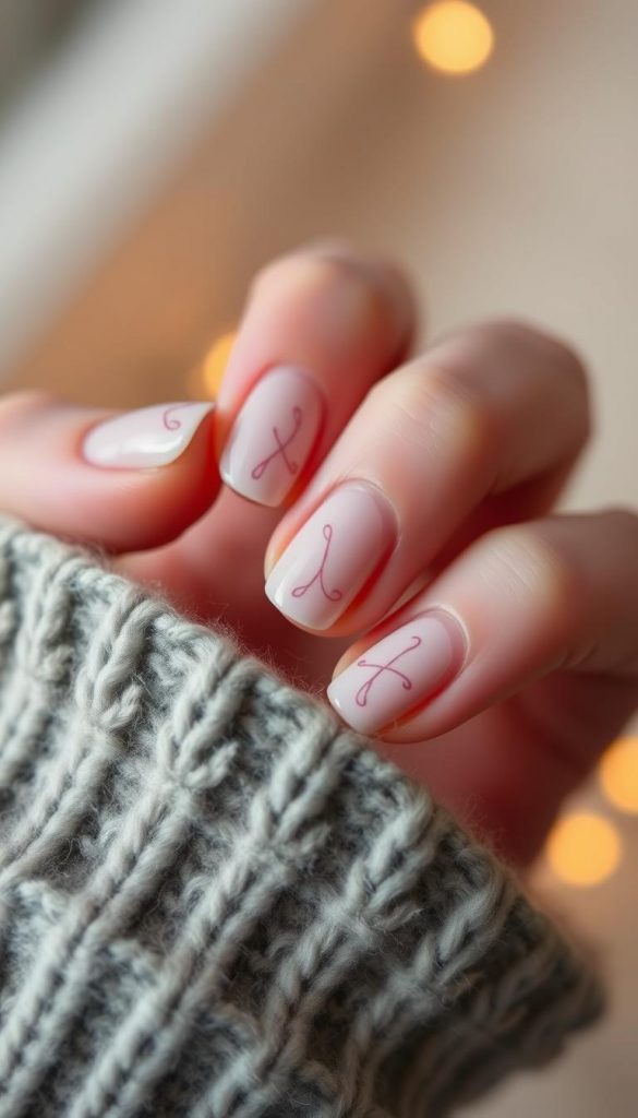 Minimalist squiggles adorning natural nails in a soft, muted palette. Delicate, hand-painted designs with a modern, abstract flair, capturing the essence of the season. Warm lighting casts a cozy glow, highlighting the tactile texture and organic flow of the brushstrokes. A serene, winter-inspired mood evokes a sense of understated elegance, perfect for the festive Thanksgiving celebrations. Subtle details and a touch of whimsy create a chic, Pinterest-inspired look, inspiring viewers to recreate this simple yet striking nail art.