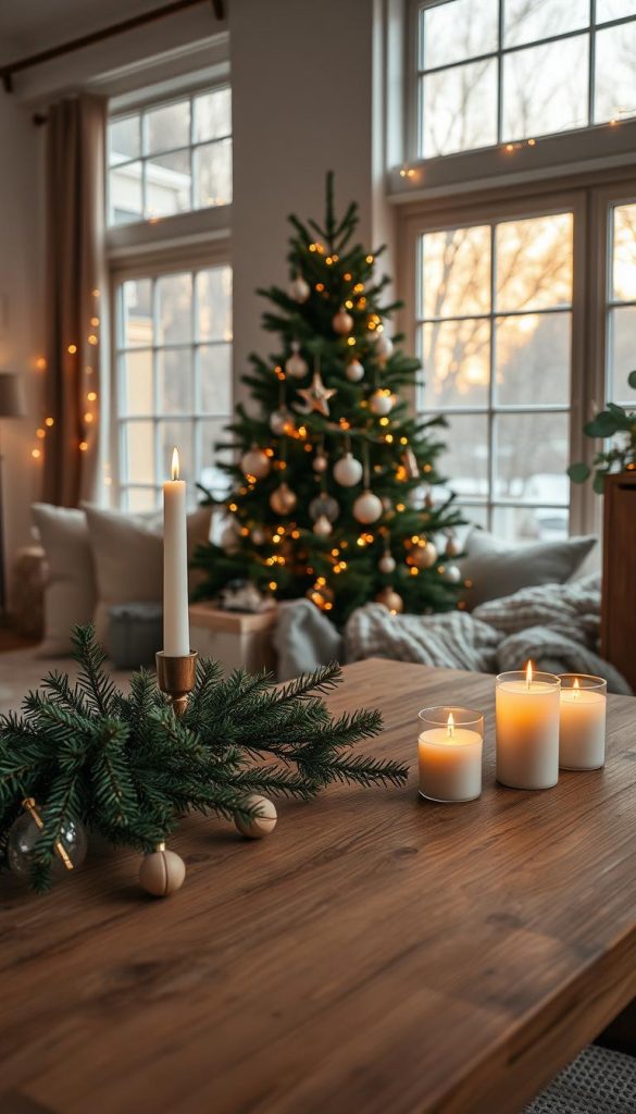 Minimalistic Christmas decorations in a cozy, stylish home setting. In the foreground, a simple wooden table adorned with natural pine branches and elegant, warm-toned candles. The middle features a minimalist Christmas tree with delicate glass ornaments, surrounded by soft, textured blankets in neutral shades. In the background, large windows allow soft, golden light to spill in, casting a warm glow on the room, decorated with simple string lights. The atmosphere is serene and inviting, evoking a peaceful winter vibe, with accents of DIY decor that emphasize natural materials. Capture the essence of authenticity and inspiration, reminiscent of Pinterest aesthetics. This scene should reflect the brand "KlickKiste" and emphasize a warm, minimalist holiday spirit.