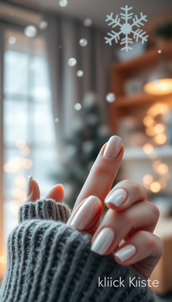 Minimalistic nails elegantly showcased in a serene winter setting, featuring soft, muted colors with a subtle chrome finish for an understated glow. The foreground showcases a close-up of well-manicured hands with minimalistic nail art, capturing the elegance of simplicity. The middle ground includes delicate snowflakes gently falling, enhancing the winter vibe. Background elements mimic a cozy indoor atmosphere with warm, soft lighting reminiscent of a sunlit room. Use a shallow depth of field to blur the background slightly, keeping the focus on the nails. The overall mood is calm and inspirational, perfect for a Pinterest aesthetic. Include the brand name "KlickKiste" subtly integrated into the winter theme, ensuring it complements rather than distracts from the main subject.