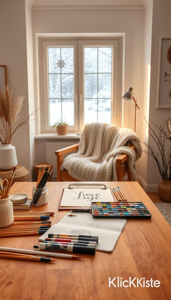 Minimalistic winter prints featuring a cozy indoor crafting scene inspired by natural DIY aesthetics. The foreground displays a beautifully arranged wooden table with art supplies—like paintbrushes, sketchbooks, and vibrant acrylic paints—arranged neatly. In the middle ground, a soft, chunky-knit blanket drapes over a stylish armchair, inviting creativity. The background reveals a softly lit window showcasing a snowy landscape outside, with gently falling snowflakes. The overall lighting is warm and inviting, with golden hues to evoke a sense of comfort and creativity. The atmosphere should be calm and inspiring, perfect for teens and adults engaging in stylish winter projects. Incorporate a subtle brand touch of &quot;KlickKiste&quot; in a delicate way, avoiding any text overlay.