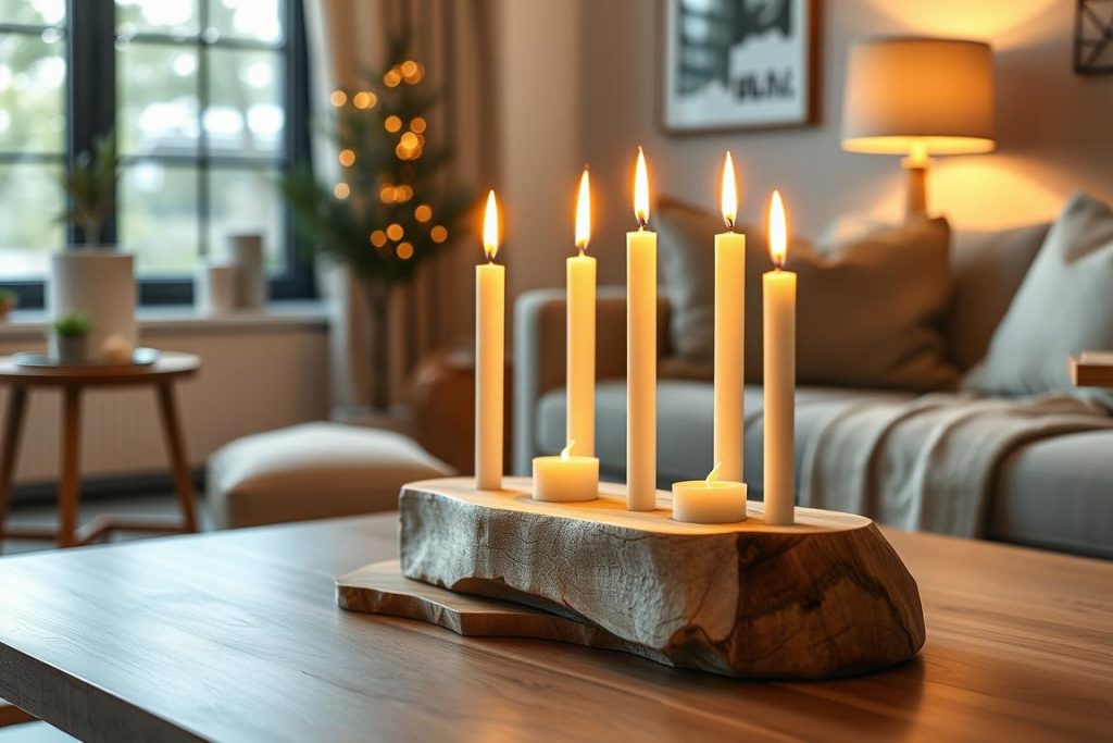 Minimalistischer skandinavischer Kerzenhalter aus Naturholz mit brennenden Kerzen auf einem Couchtisch in einem gemütlichen Wohnzimmer