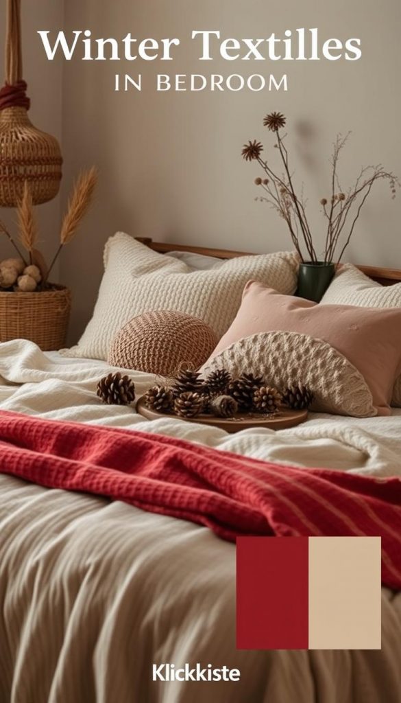 Moodboard for Winter Textiles in the Bedroom: Cozy, rustic scene showcasing a soft, textured bedspread, plush pillows, and natural elements like pinecones, dried flowers, and woven baskets. Warm lighting illuminates the space, creating a serene, inviting ambiance. Complementary color palette of earthy tones, deep reds, and muted greens. Pinterest-inspired, DIY-style aesthetic with a touch of vintage charm. Subtle KlickKiste branding blends seamlessly into the composition.